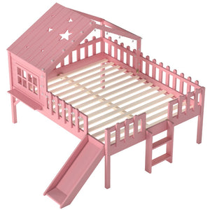 English Elm Twin Playhouse Loft Bed Solid Pine Frame with Slide Led Lights and Star Roof Pink W5316S00006
