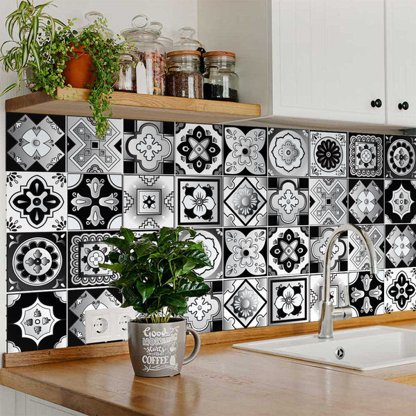 Homeroots 12" Black, White & Gray Mosaic Peel And Stick Tiles - Versatile, Removable Decor For Any Space! 12" X 12" Vinyl 556401