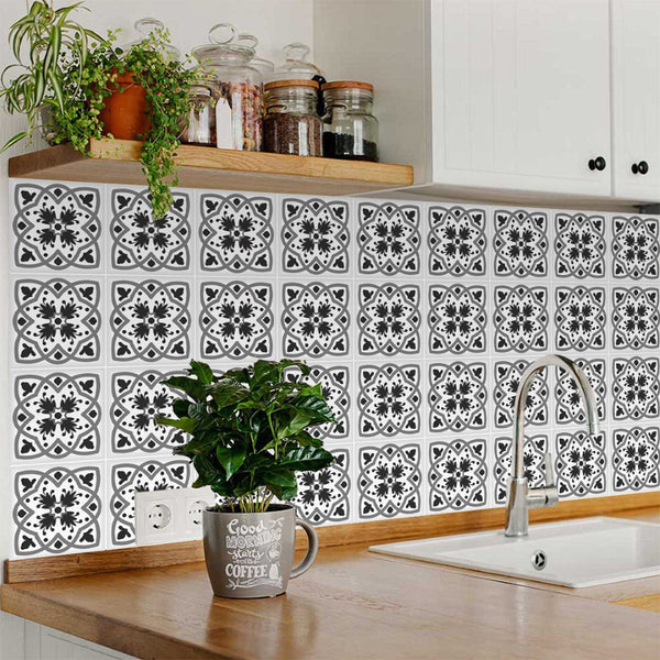 Homeroots 12" Charcoal And White Scroll Peel And Stick Removable Tiles – Stylish, Easy-to-apply Decor Solution! 12" X 12" Vinyl 556407