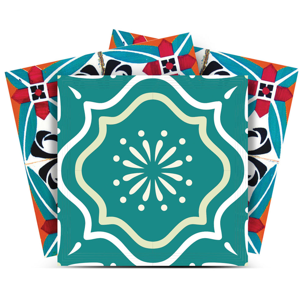 Homeroots 12" Turq And Terra Cotta Scroll Peel And Stick Tiles - Colorful, Removable Décor For Any Space! 12" X 12" Vinyl 556408