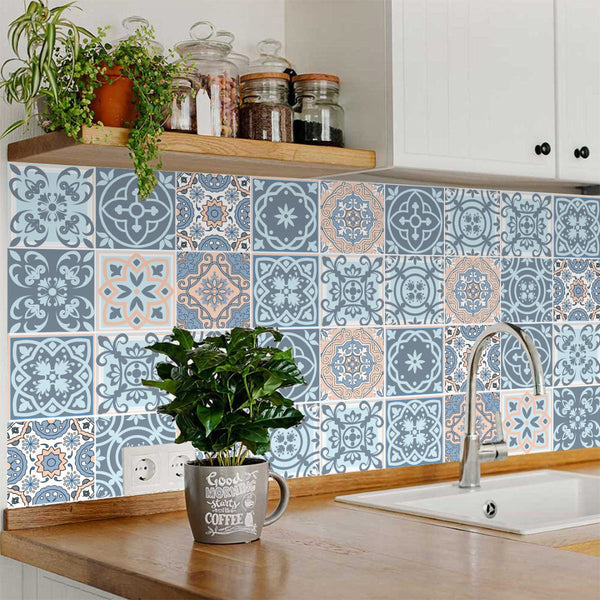 Homeroots 12" Baby Blue And Peach Mosaic Peel And Stick Tiles – Transform Any Space Effortlessly! 12" X 12" Vinyl 556426