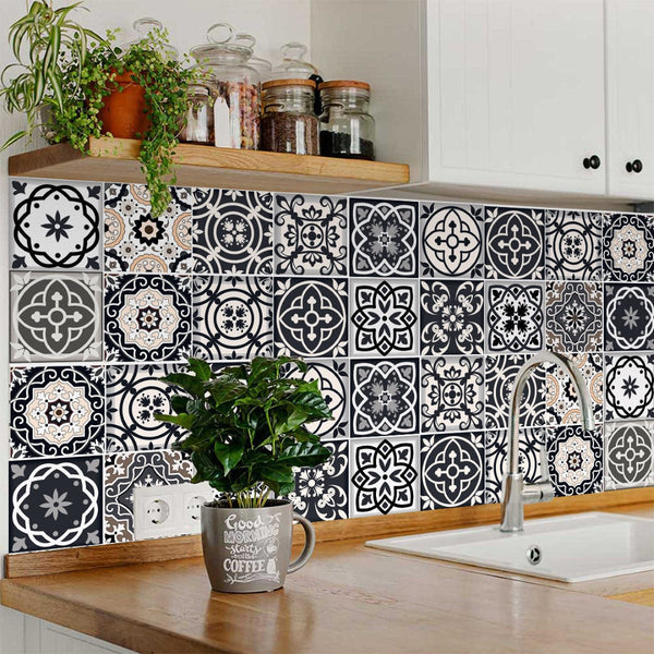 Homeroots 12" Black, White & Tan Peel And Stick Tiles - Versatile Removable Stickers For Home Decor & Diy Projects 12" X 12" Vinyl 556430