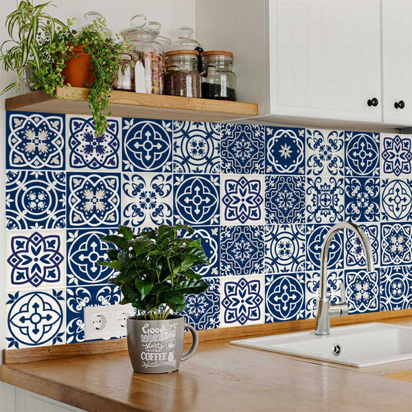 Homeroots 12" Peel And Stick Midnight Blue And White Tiles - Stylish, Removable Stickers For Easy Home Makeover 12" X 12" Vinyl 556444
