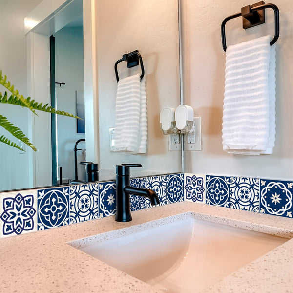 Homeroots 12" Peel And Stick Midnight Blue And White Tiles - Stylish, Removable Stickers For Easy Home Makeover 12" X 12" Vinyl 556444