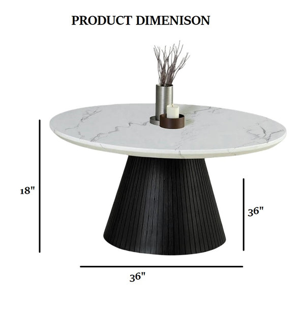 English Elm Contemporary Round Cocktail Table With Faux Marble Top & Black Reeded Drum Base For Modern Living B2741S00615