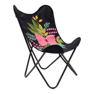 Homeroots 26" Black With Tropical Flowers Butterfly Chair   556450