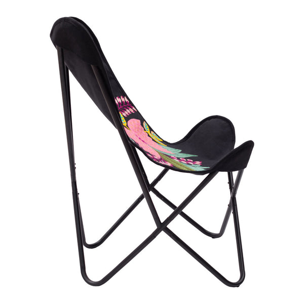 Homeroots 26" Black With Tropical Flowers Butterfly Chair   556450