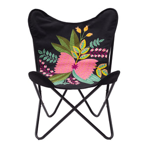 Homeroots 26" Black With Tropical Flowers Butterfly Chair   556450
