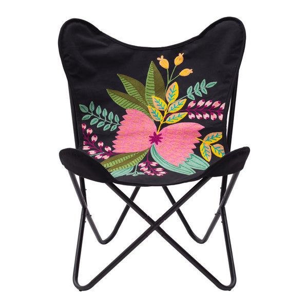 Homeroots 26" Black With Tropical Flowers Butterfly Chair   556450