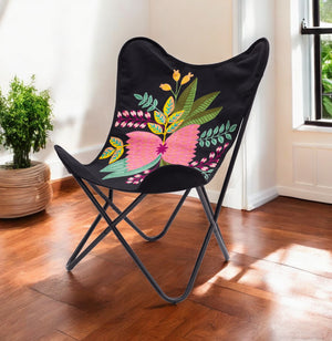Homeroots 26" Black With Tropical Flowers Butterfly Chair   556450