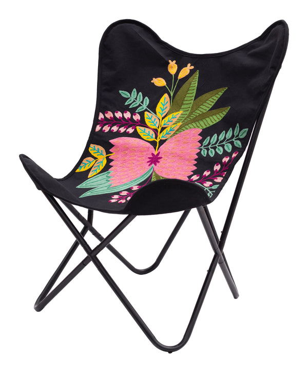 Homeroots 26" Black With Tropical Flowers Butterfly Chair   556450