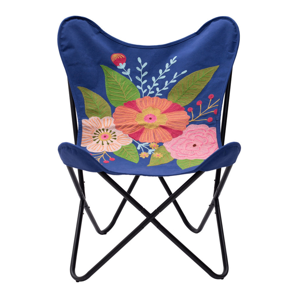 Homeroots 26" Blue And Black Tropical Oversized Flowers Butterfly Chair   556462