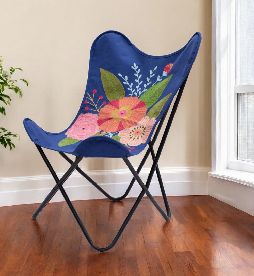 Homeroots 26" Blue And Black Tropical Oversized Flowers Butterfly Chair   556462