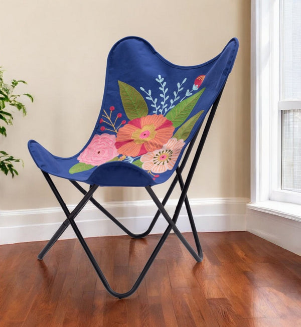 HomeRoots 26" Tropical Butterfly Accent Chair - Vibrant Blue & Black Floral Design for Comfort and Style 556462