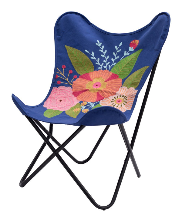 HomeRoots 26" Tropical Butterfly Accent Chair - Vibrant Blue & Black Floral Design for Comfort and Style 556462