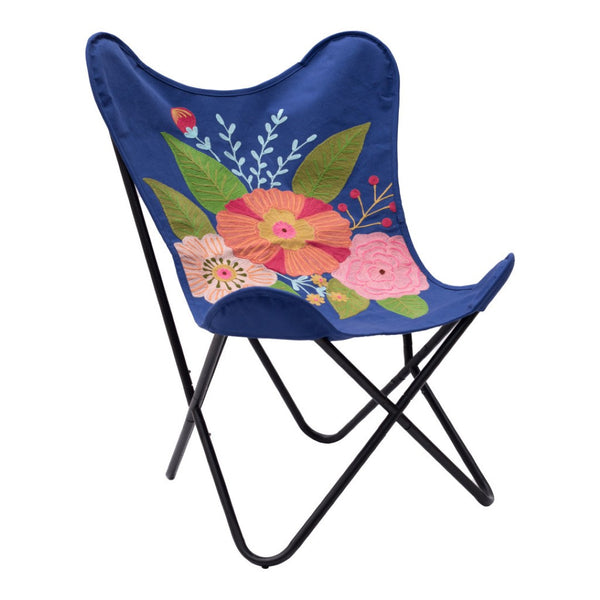HomeRoots 26" Tropical Butterfly Accent Chair - Vibrant Blue & Black Floral Design for Comfort and Style 556462