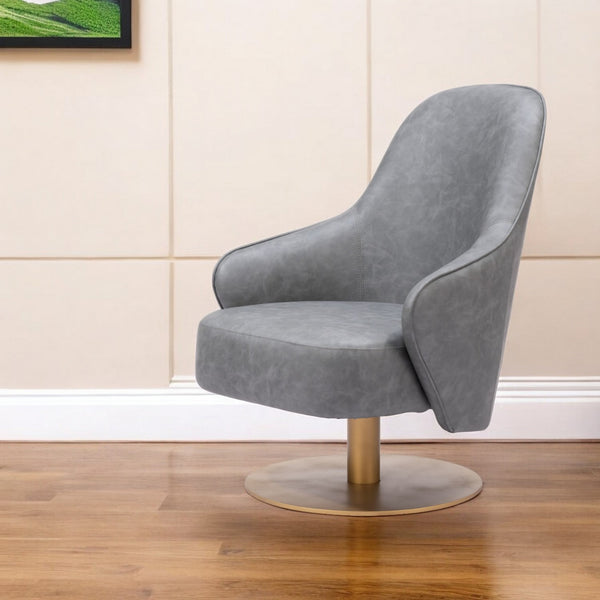 Homeroots 28" Gray And Gold Faux Leather Swivel Arm Chair   556467