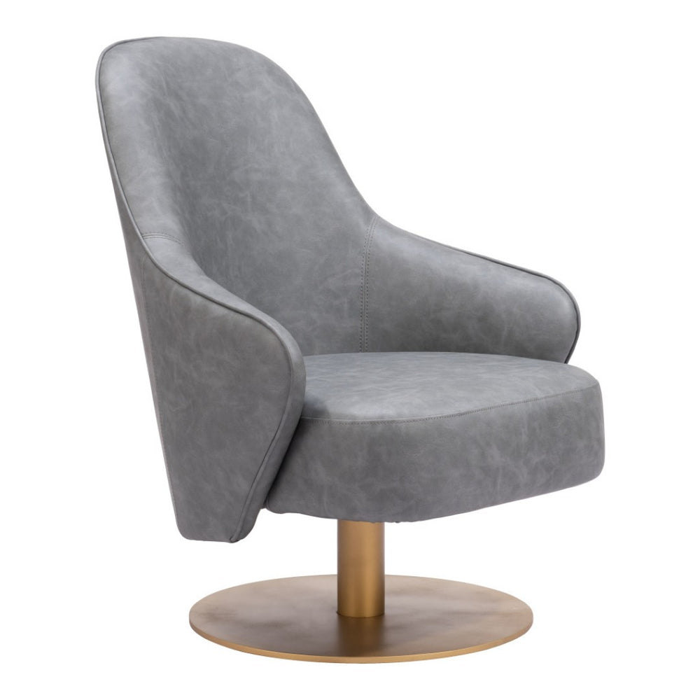 HomeRoots 28" Gray and Gold Swivel Arm Chair - Modern Elegance in Faux Leather for Home or Office Comfort 556467