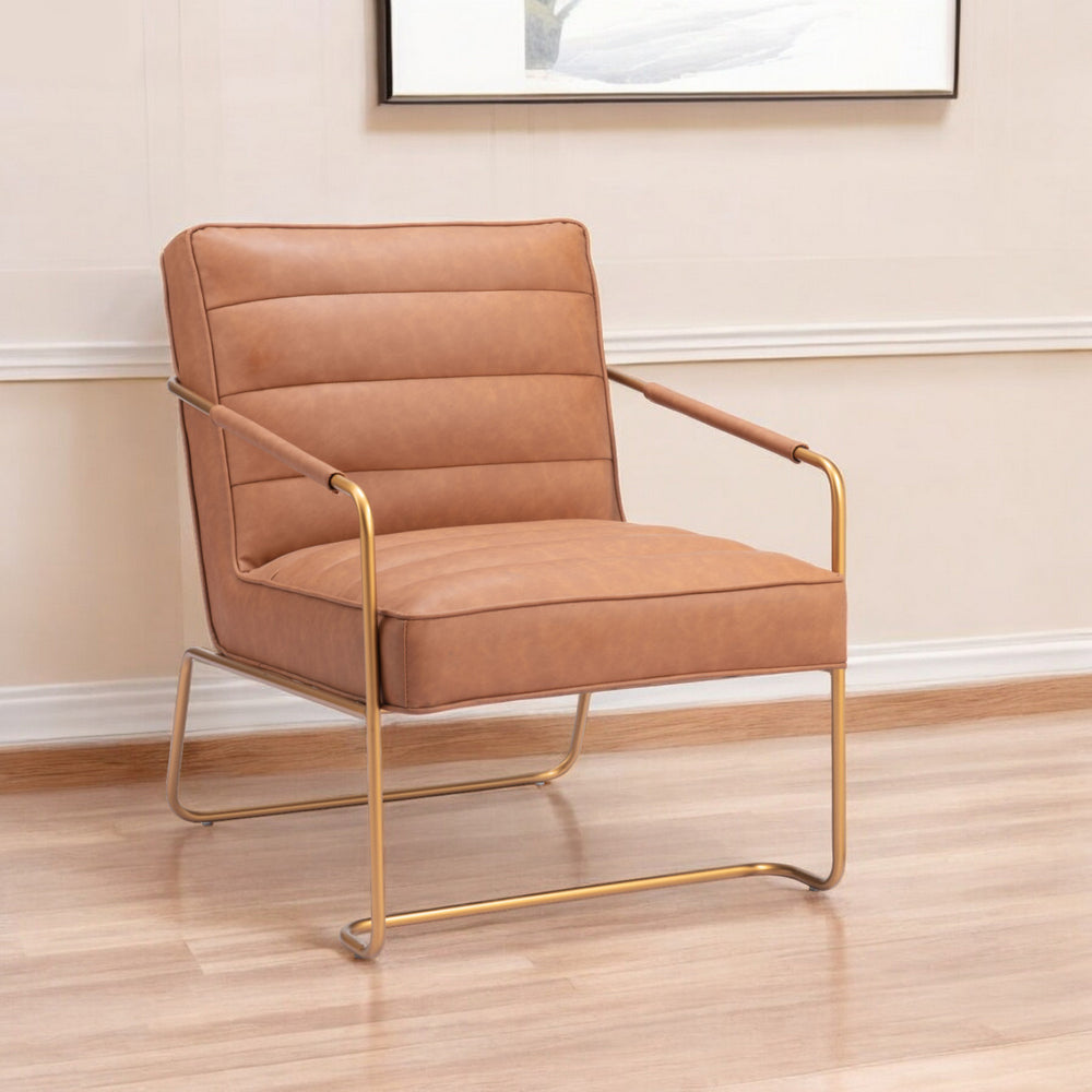 Homeroots 25" Brown And Gold Faux Leather Tufted Arm Chair   556485