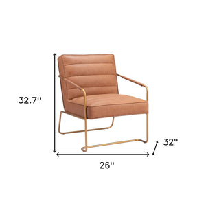 Homeroots 25" Brown And Gold Faux Leather Tufted Arm Chair   556485