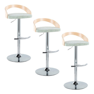 English Elm Adjustable Swivel Barstools Set of 3 Chrome Base Natural Wood Green Fabric Seat B202S02018