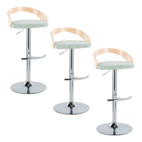 English Elm Adjustable Swivel Barstools Set of 3 Chrome Base Natural Wood Green Fabric Seat B202S02018