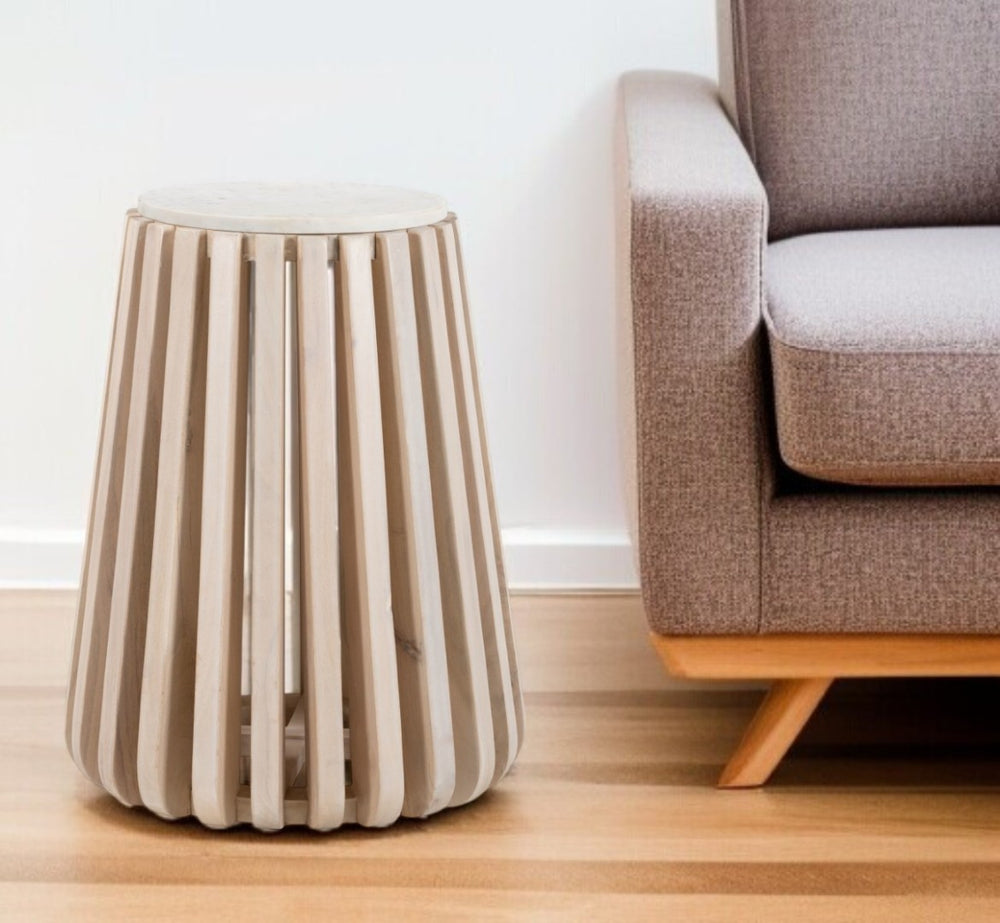 HomeRoots 23" Vintage-Modern Round Drum End Table with White Marble Top and Distressed Wood Base for Any Room 556503