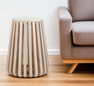 HomeRoots 23" Vintage-Modern Round Drum End Table with White Marble Top and Distressed Wood Base for Any Room 556503