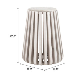 Homeroots 23" Distressed White Marble And Wood Round Drum End Table - Rustic Charm For Any Living Space   556503