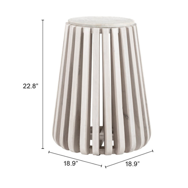 Homeroots 23" Distressed White Marble And Wood Round Drum End Table - Rustic Charm For Any Living Space   556503