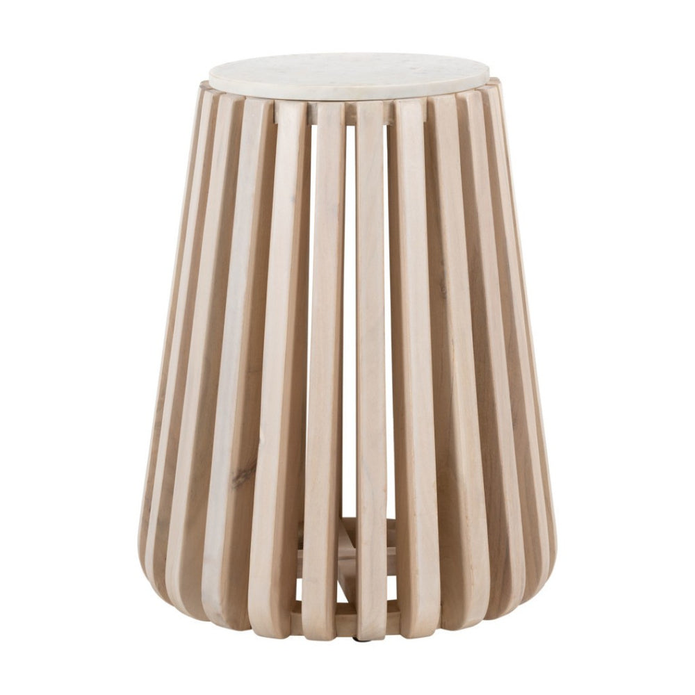 HomeRoots 23" Vintage-Modern Round Drum End Table with White Marble Top and Distressed Wood Base for Any Room 556503