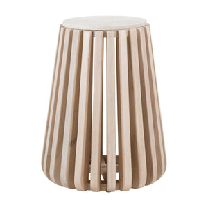 Homeroots 23" Distressed White Marble And Wood Round Drum End Table - Rustic Charm For Any Living Space   556503