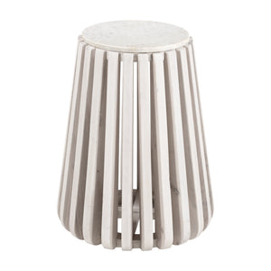 Homeroots 23" Distressed White Marble And Wood Round Drum End Table - Rustic Charm For Any Living Space   556503