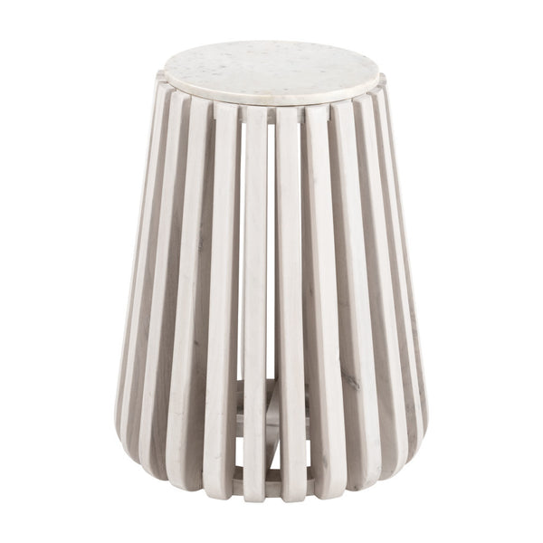 Homeroots 23" Distressed White Marble And Wood Round Drum End Table - Rustic Charm For Any Living Space   556503