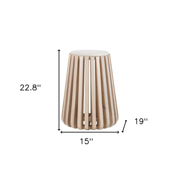 Homeroots 23" Distressed White Marble And Wood Round Drum End Table - Rustic Charm For Any Living Space   556503