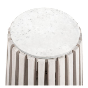 Homeroots 23" Distressed White Marble And Wood Round Drum End Table - Rustic Charm For Any Living Space   556503