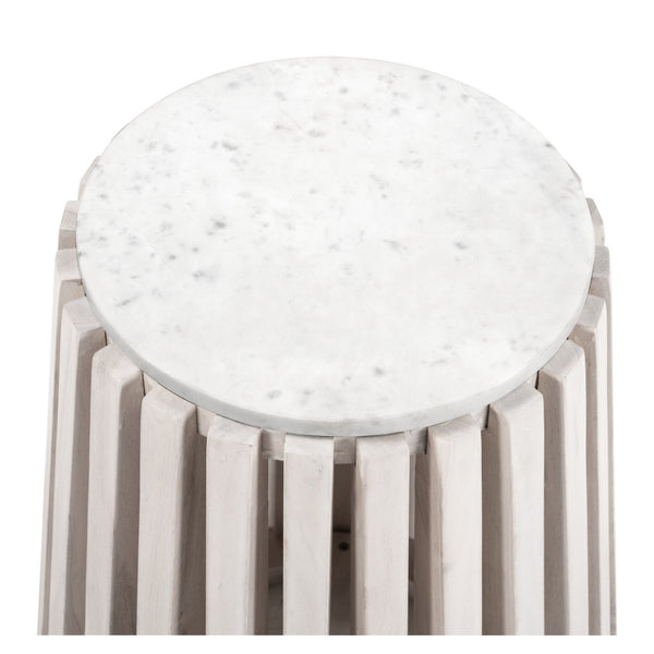 Homeroots 23" Distressed White Marble And Wood Round Drum End Table - Rustic Charm For Any Living Space   556503
