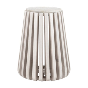 Homeroots 23" Distressed White Marble And Wood Round Drum End Table - Rustic Charm For Any Living Space   556503