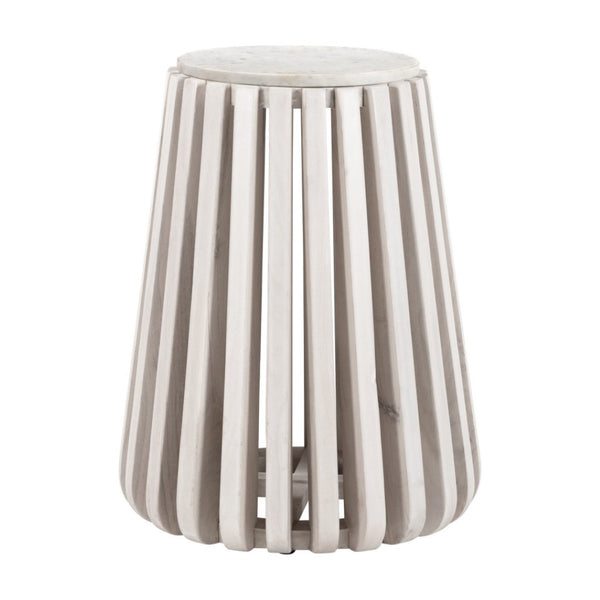 Homeroots 23" Distressed White Marble And Wood Round Drum End Table - Rustic Charm For Any Living Space   556503