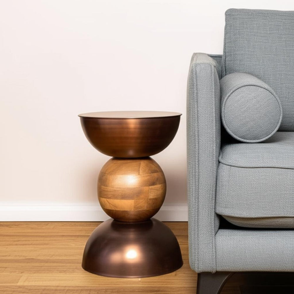 HomeRoots 20" Rustic Round Pedestal End Table in Bronze and Brown - No Assembly, Ideal for Small Spaces 556505