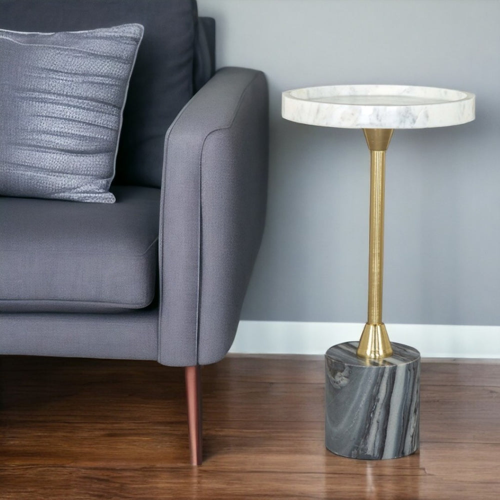 HomeRoots 22" Luxe Gold Gray White Marble Iron Round Pedestal End Table - Chic, Versatile Small Space Accent 556506