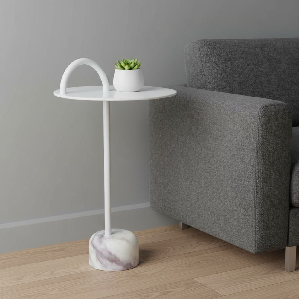 HomeRoots 25" Elegant White Iron and Marble Round Pedestal End Table - Modern Design for Stylish Spaces 556509
