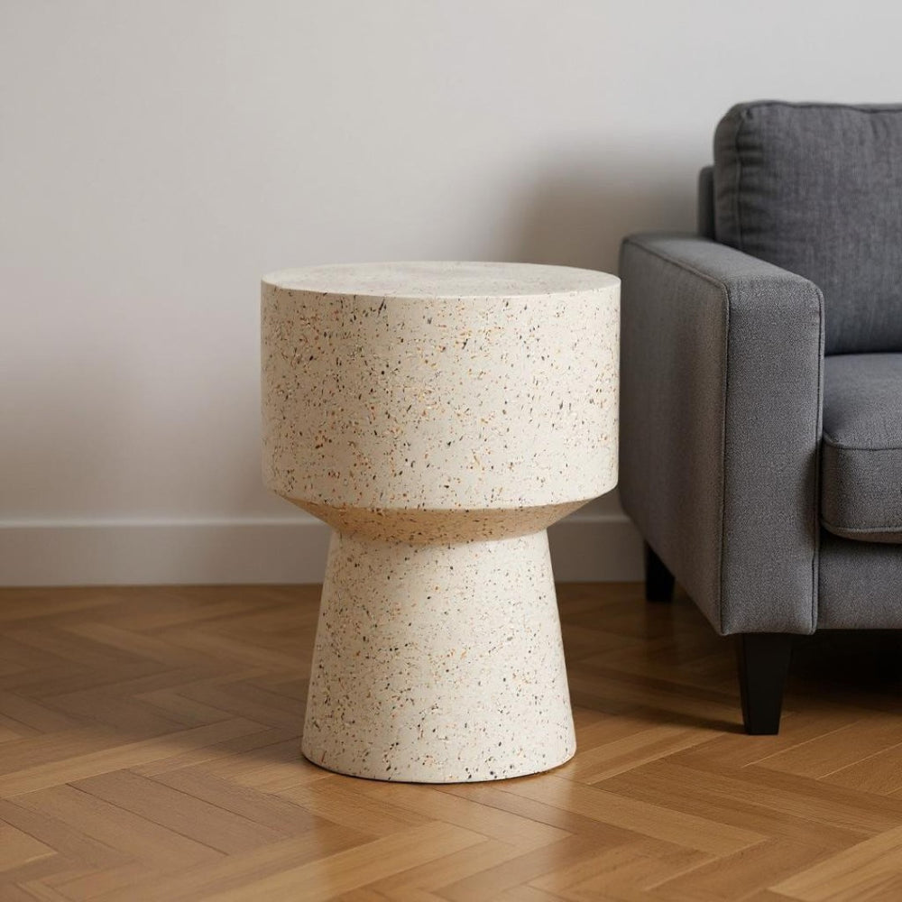 HomeRoots 18" Beige Faux Stone Round Pedestal End Table - Modern Accent for Living Rooms, Bedrooms & Entryways 556511