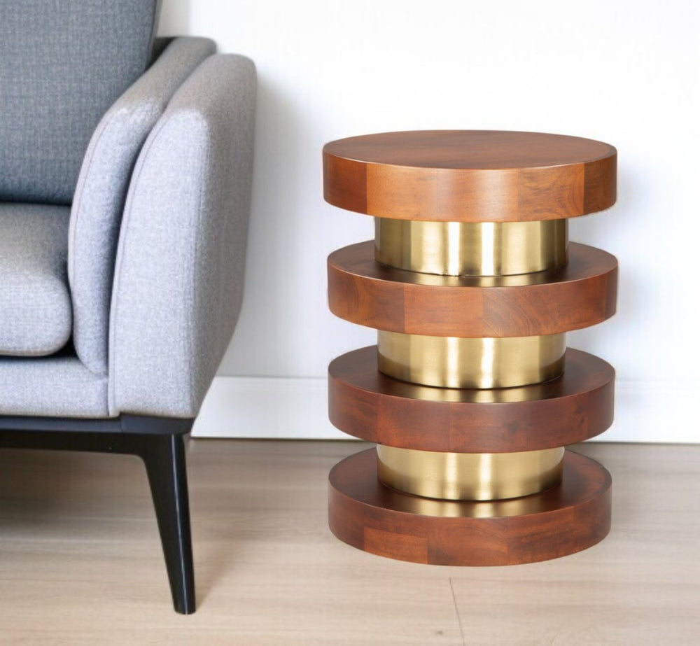 HomeRoots 20" Brown and Gold Pedestal End Table – Elegant Solid Wood & Iron Design for Versatile Home Use 556515