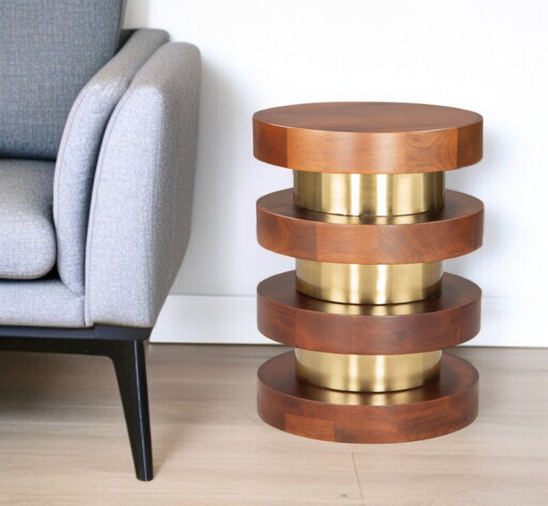 HomeRoots 20" Brown and Gold Pedestal End Table – Elegant Solid Wood & Iron Design for Versatile Home Use 556515