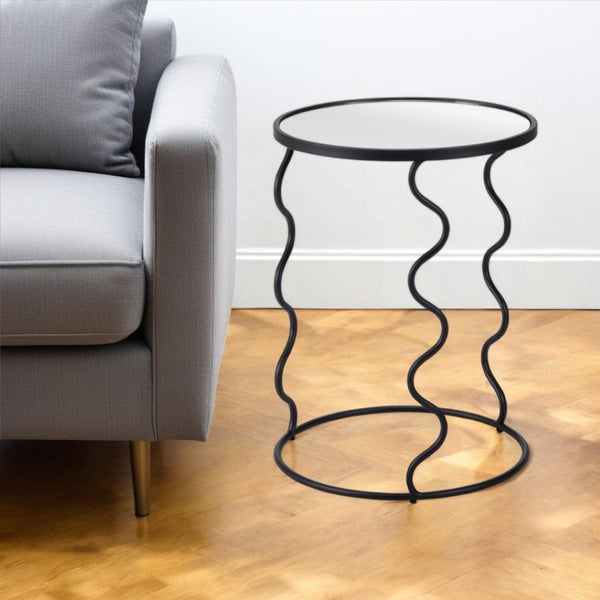 HomeRoots 24" Black Mirrored Glass End Table with Abstract Steel Base – Modern Glam for Any Space 556527