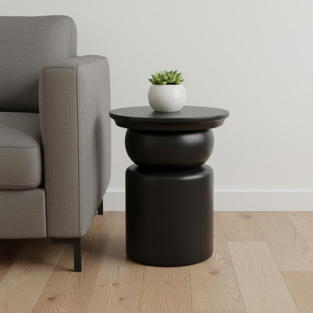 HomeRoots 20" Black Solid Mango Wood Round Drum End Table - Modern Design with Geometric Base, Fully Assembled! 556532
