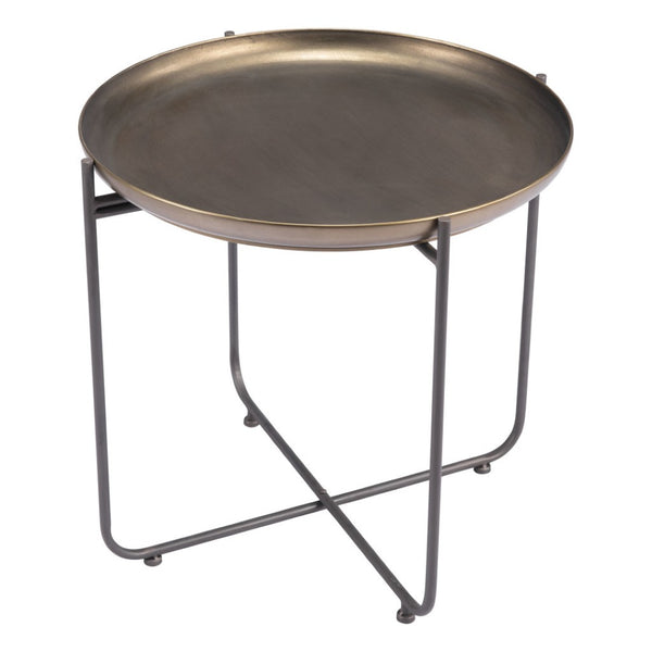 HomeRoots 21" Bronze and Gray Steel Round End Table – Chic Cross Legs for Stylish Living Room & Bedroom Decor 556542