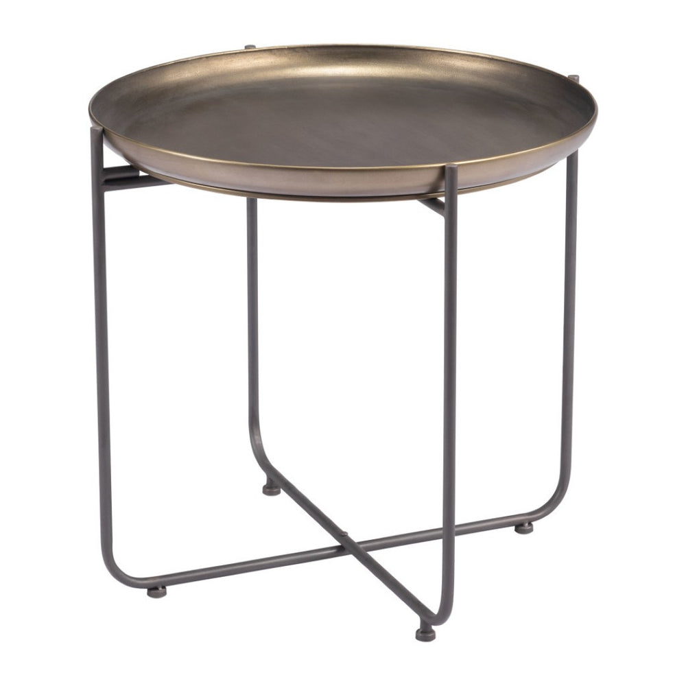 HomeRoots 21" Bronze and Gray Steel Round End Table – Chic Cross Legs for Stylish Living Room & Bedroom Decor 556542