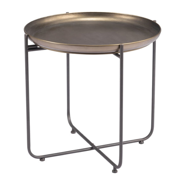 HomeRoots 21" Bronze and Gray Steel Round End Table – Chic Cross Legs for Stylish Living Room & Bedroom Decor 556542